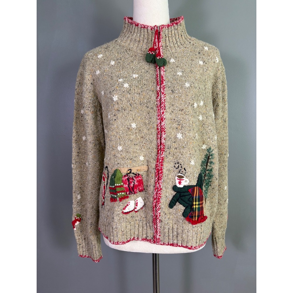Vintage Y2K Coldwater Creek Zip Cardigan M Winter Ski Embroidered Twee Cabin